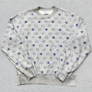 Champion Reverse Weave Sweatshirt Men's Large Gray Fleece AOP Crewneck Retro